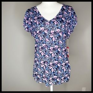 NWT Vince Camuto Floral Mesh Ruffle Sleeve Navy Top Size X-Large